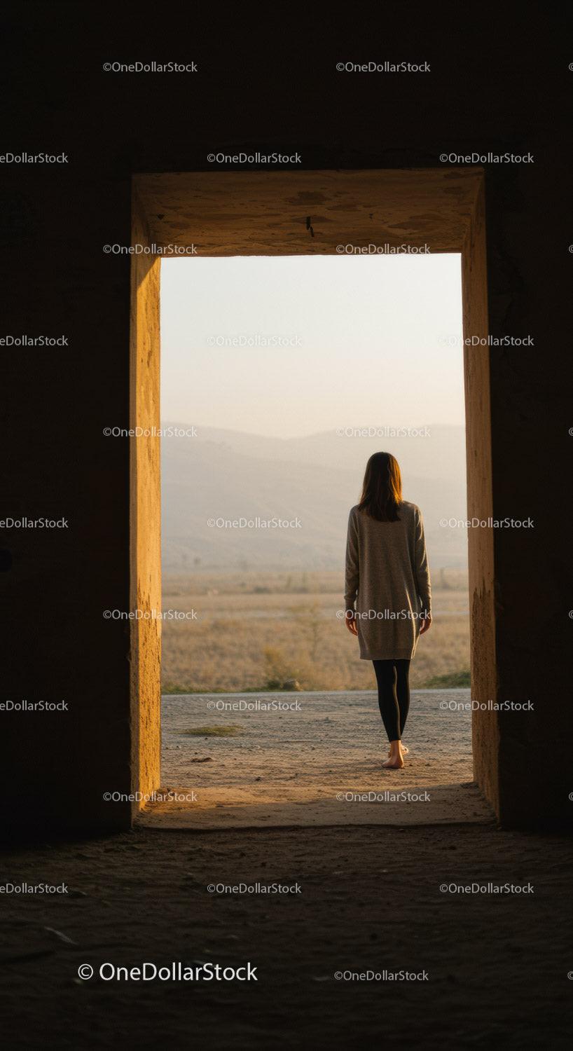 Woman walking barefoot through open doorway to nature