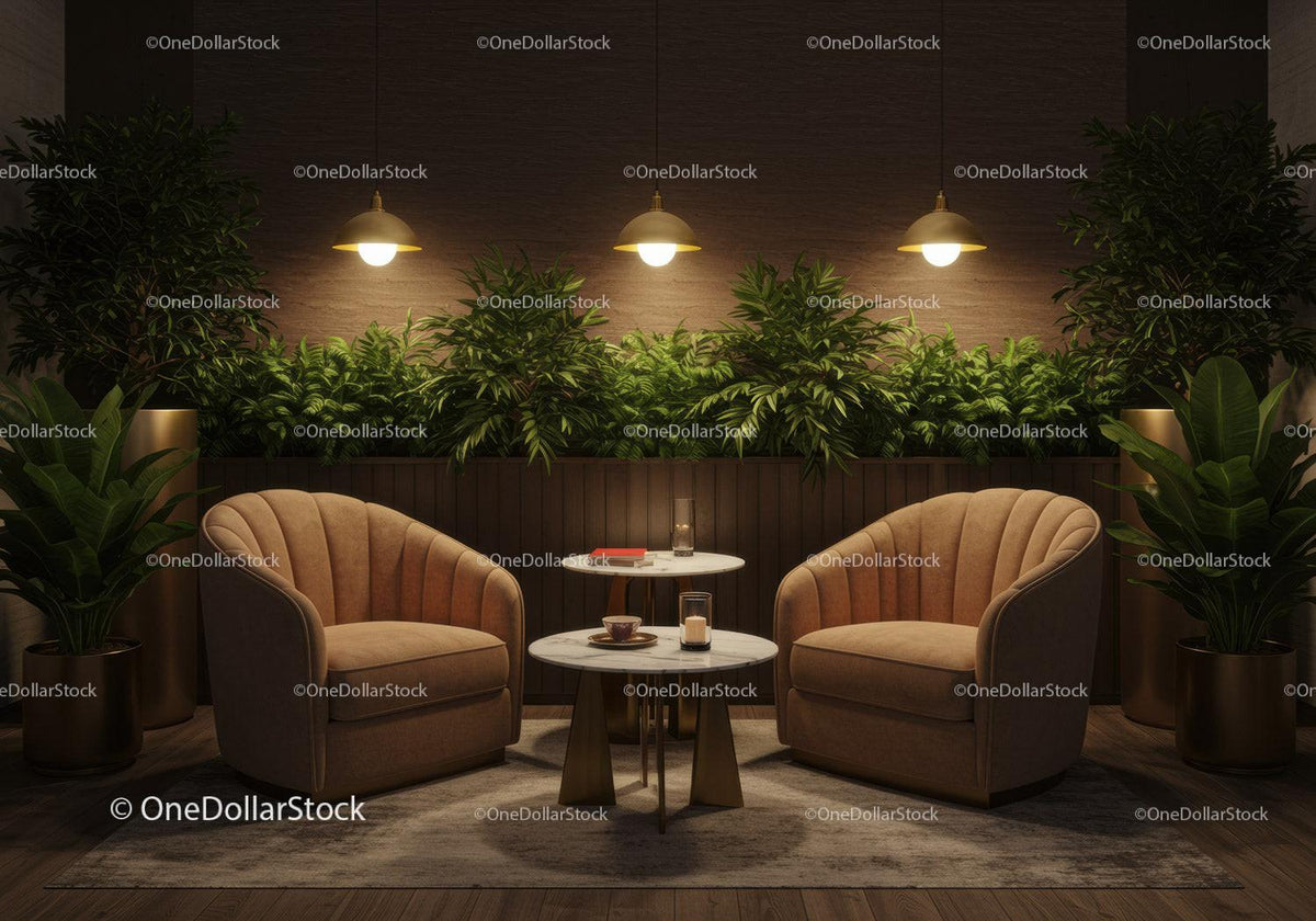 Cozy lounge area with plush chairs and greenery