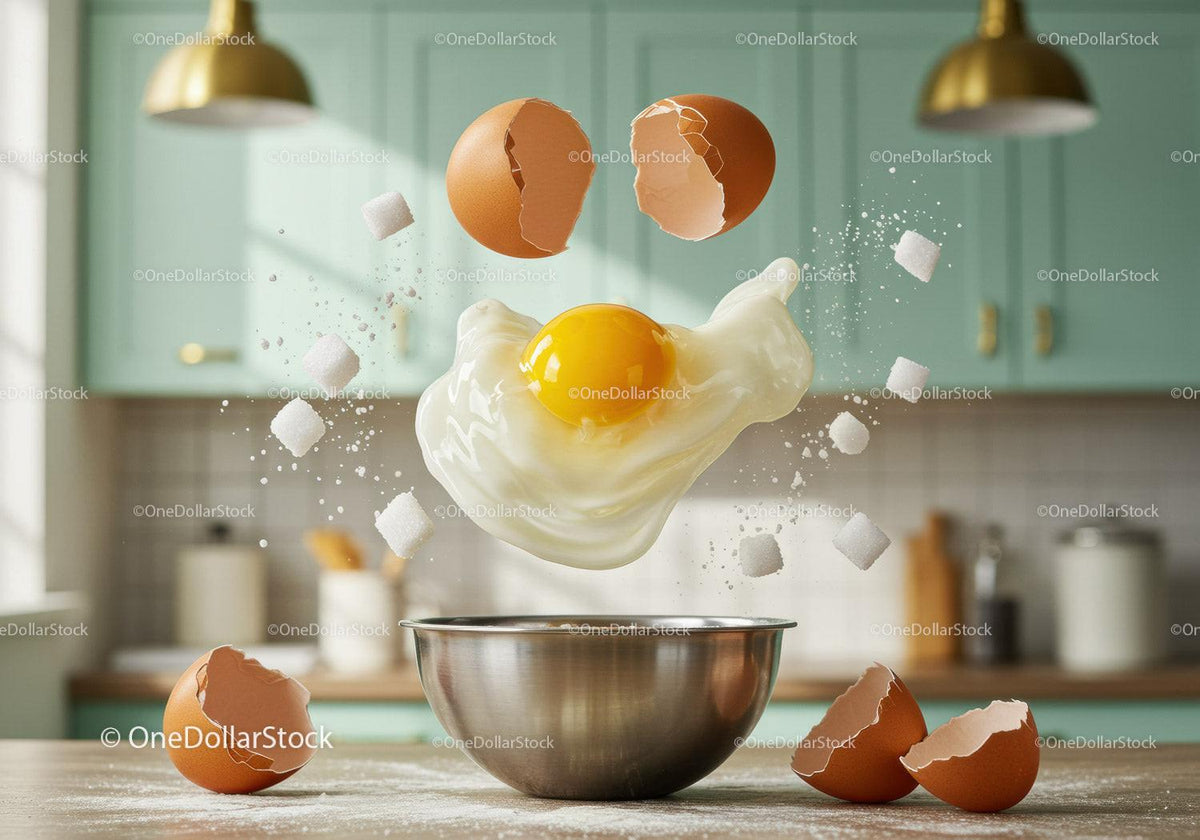 Floating cracked egg with sugar cubes over bowl