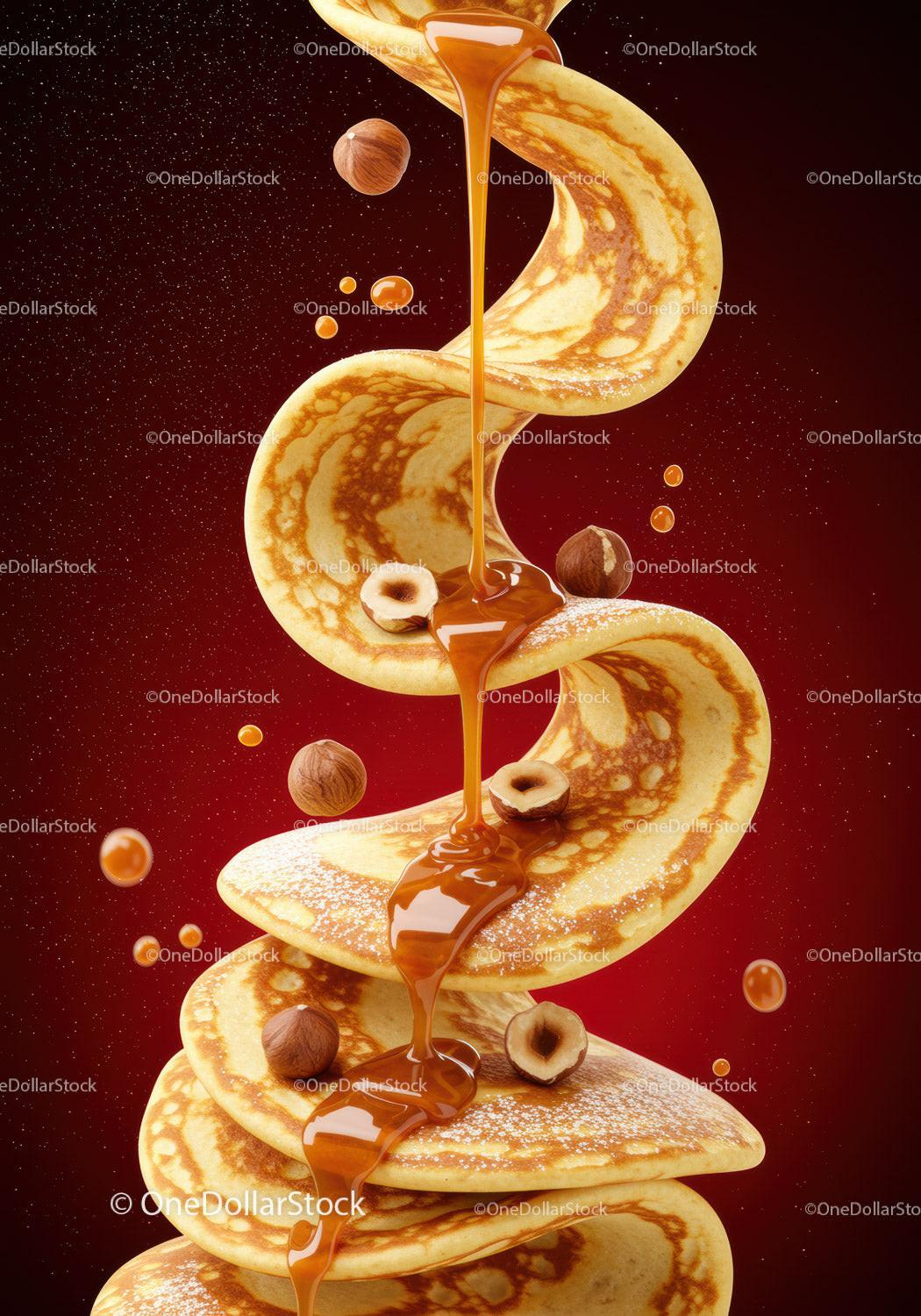 Swirling stack of pancakes drizzled with caramel sauce