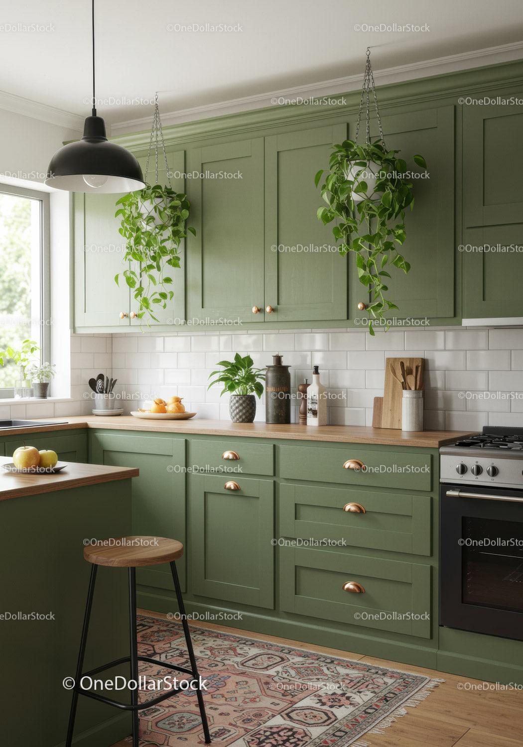 Modern Kitchen with Green Cabinets and Hanging Plants for Cozy Home