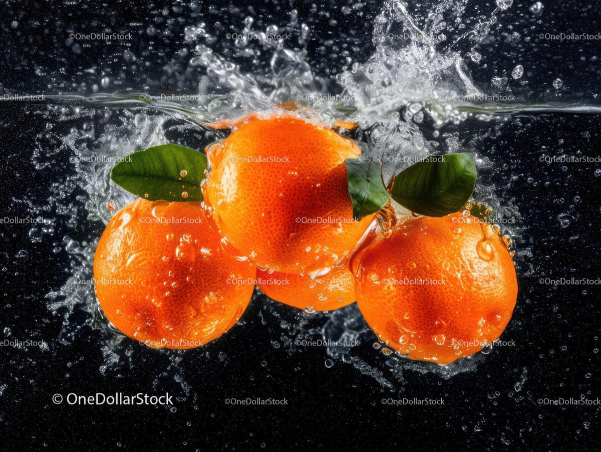 Fresh Orange Fruits with Green Leaves Splashing in Water