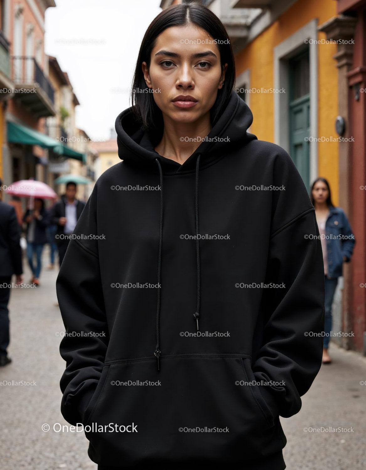 Fashionable Woman Wearing Black Hoodie in Urban City Street Stock Photo Bundle preview 46