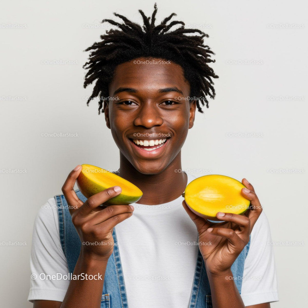 Young Man Enjoying Fresh Mango Slices Against White Background
