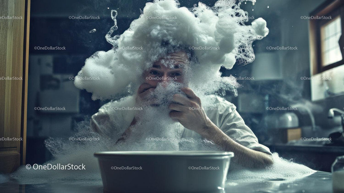 Man obscured by white foam sitting behind basin in kitchen with window light