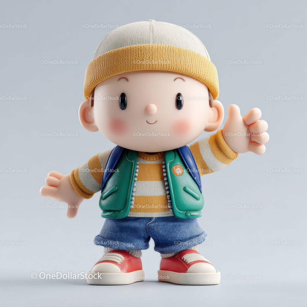Cartoon boy doll with yellow cap, green vest, denim shorts, and red sneakers