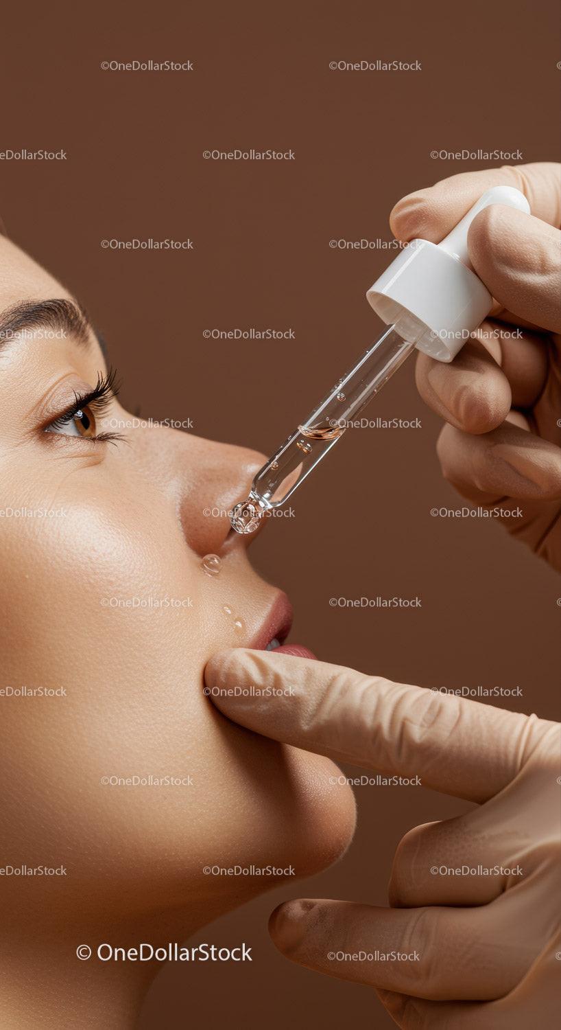 Close-up of Woman Using Nasal Spray for Health and Wellness
