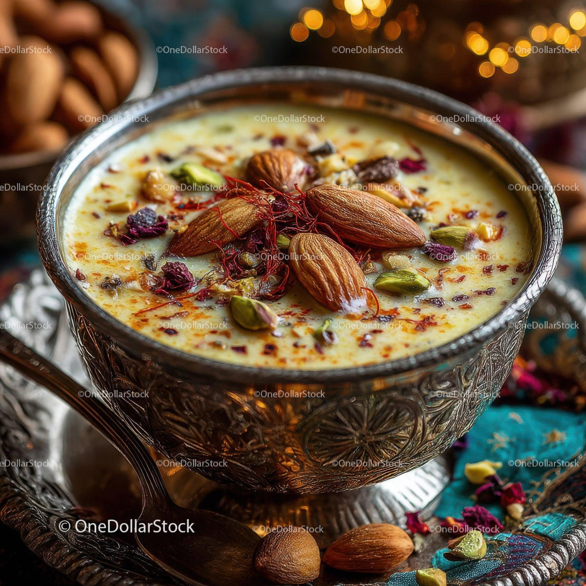 Indian Saffron Milk Dessert with Pistachios Almonds and Rose Petals