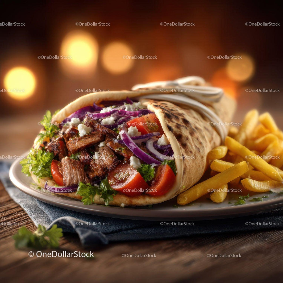 Beef Shawarma Wrap with Fries and Fresh Vegetables