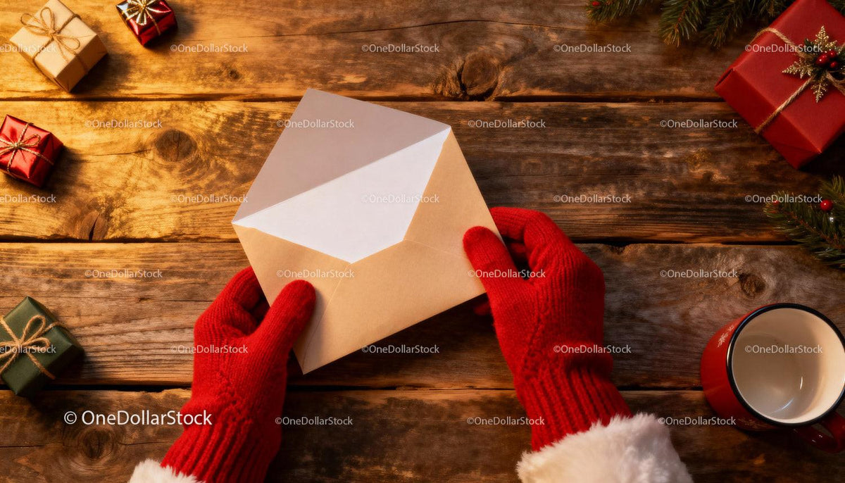 Hands in red gloves holding holiday greeting envelope JPG Mockup Image preview