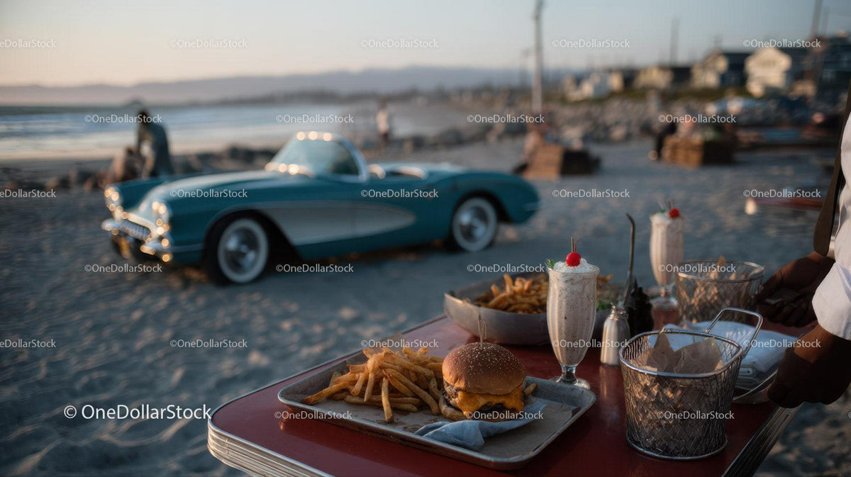 Beachside Cheeseburger French Fries and Milkshake with Classic Car Stock Photo Bundle preview 61