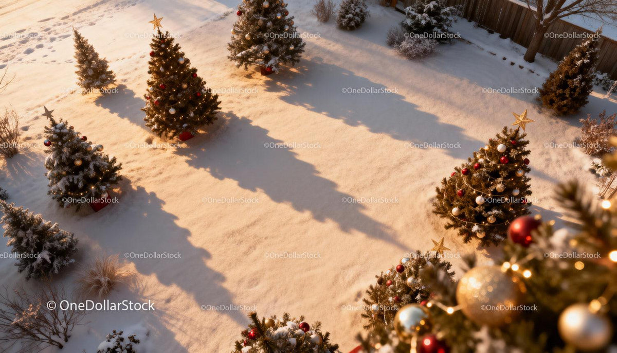 Decorated Christmas trees casting long shadows on snow