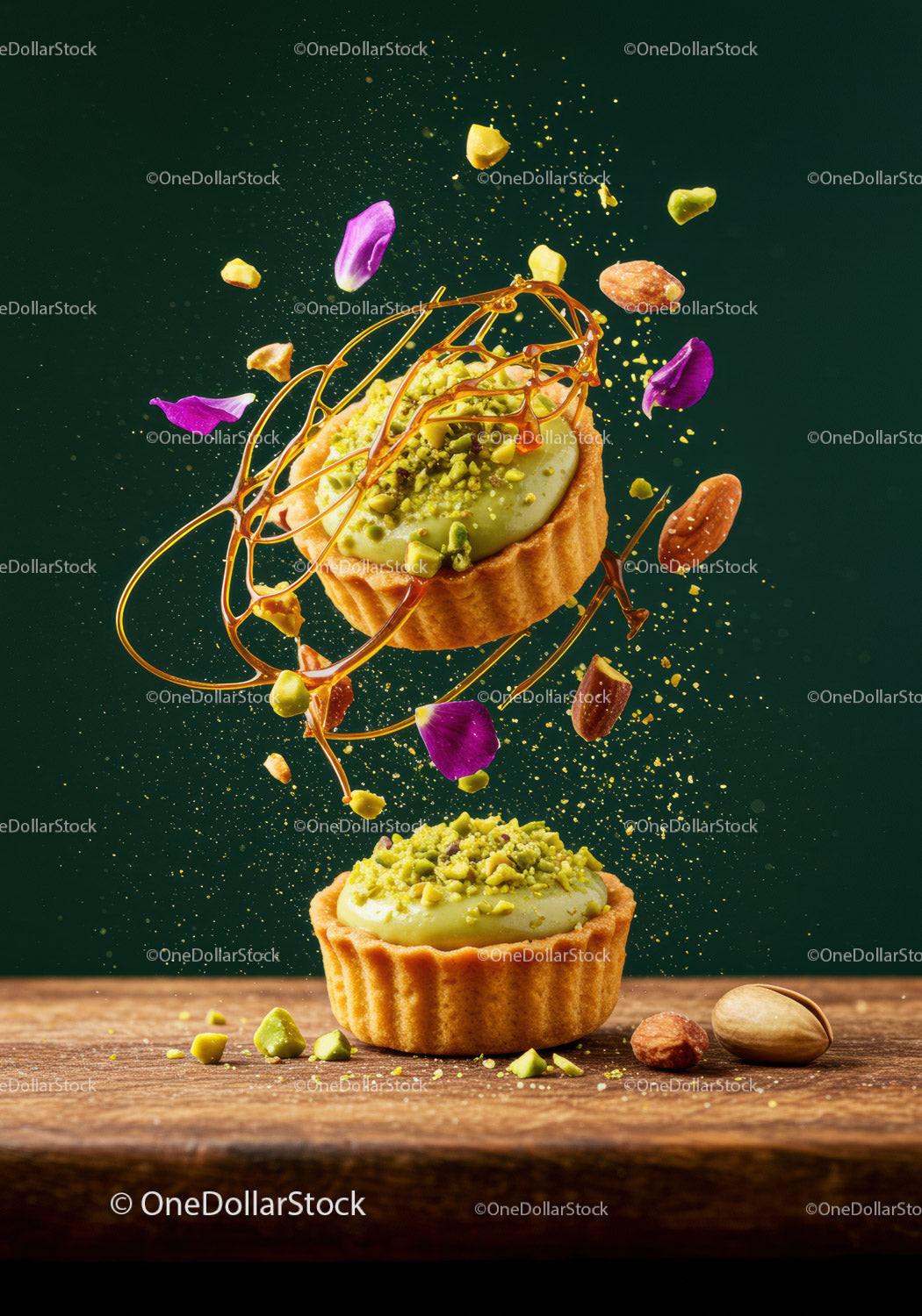 Delicate Pistachio Tarts with Caramel and Flower Petals