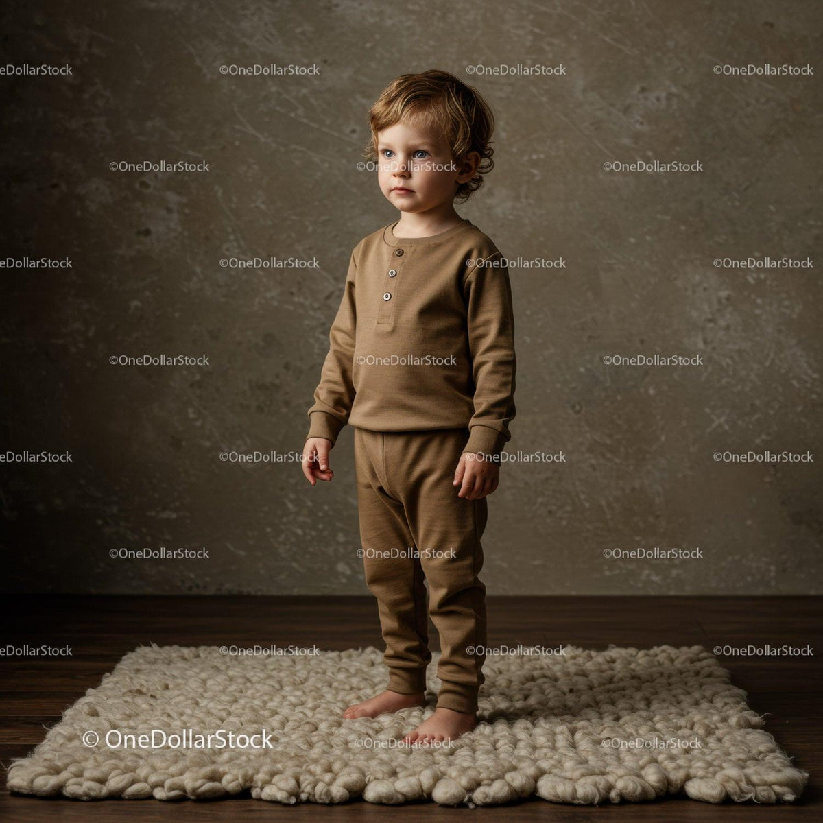Toddler standing thoughtfully on soft knitted rug