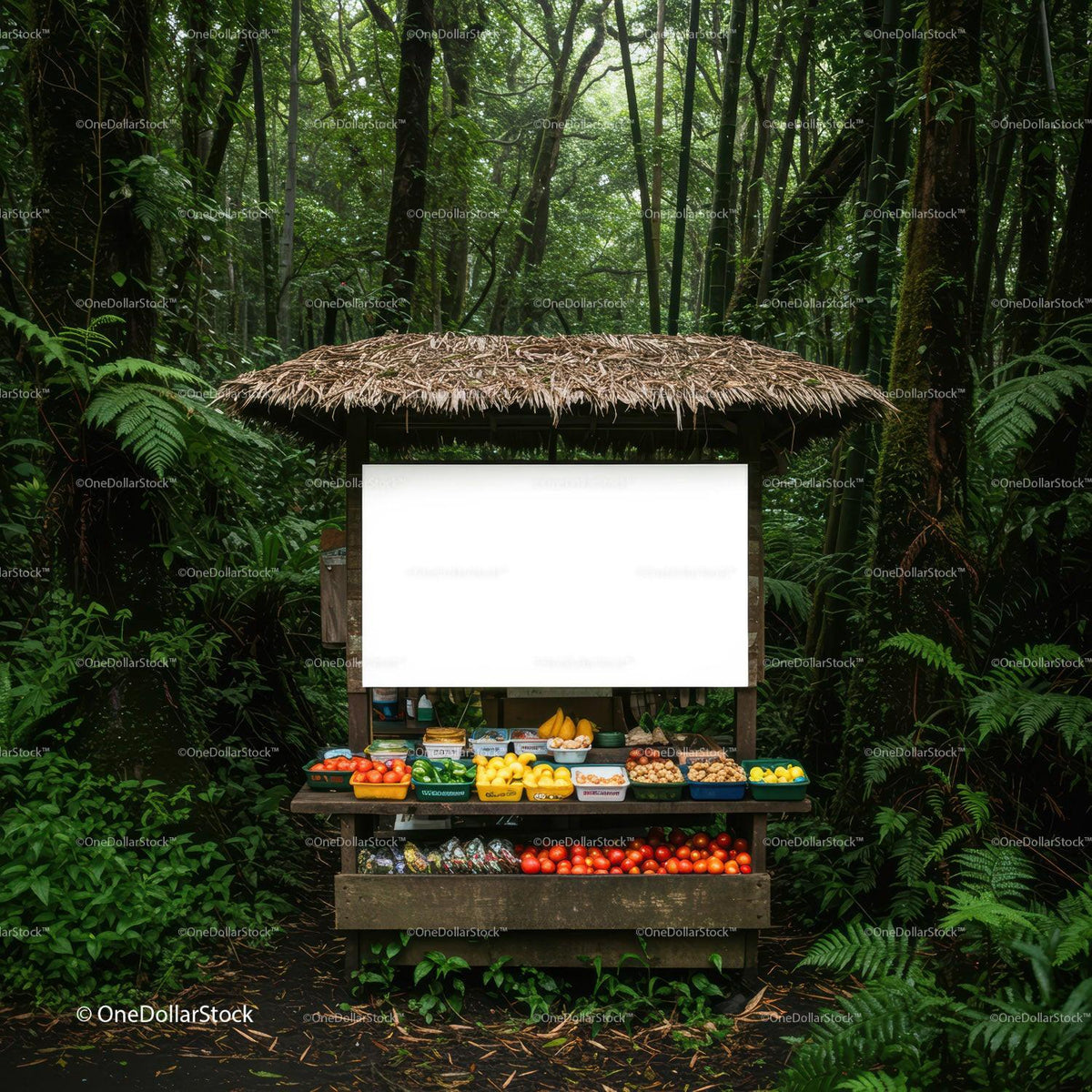 Fresh tropical fruits stand in lush green forest market JPG Mockup Image preview