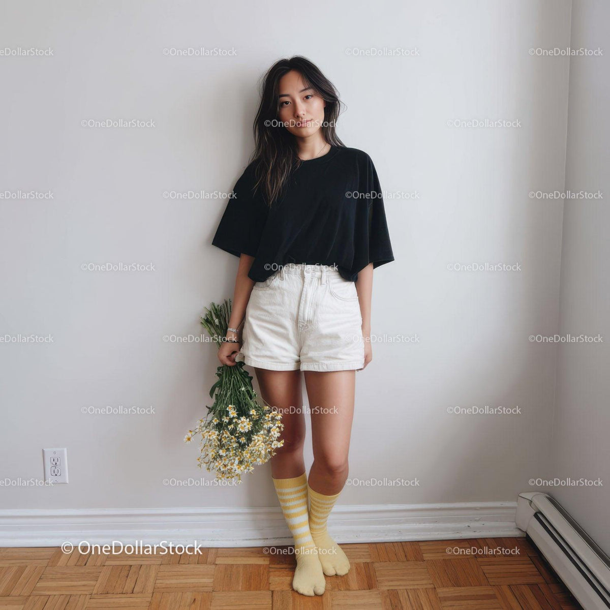 Young Woman in Casual Outfit with Yellow and White Stripes Socks Holding Flowers