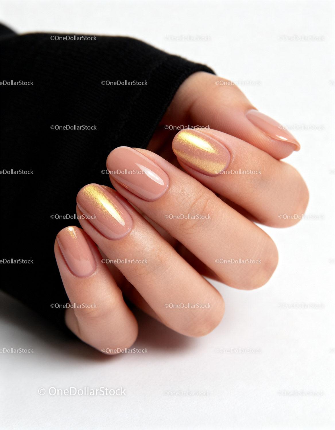 Elegant Nude Nails with Shimmering Gold Accent Polish