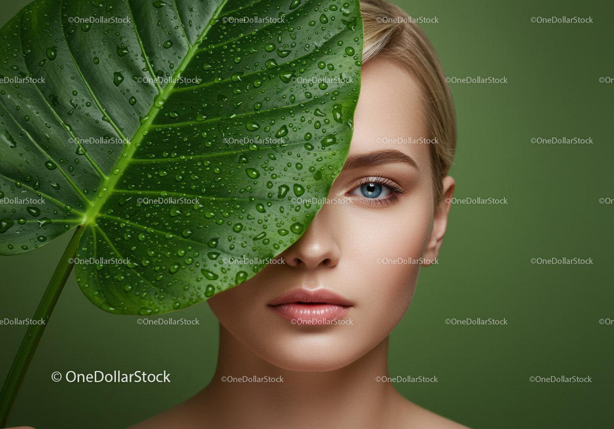 Close-Up of Woman with Blue Eyes and Green Leaf Covered in Water Droplets