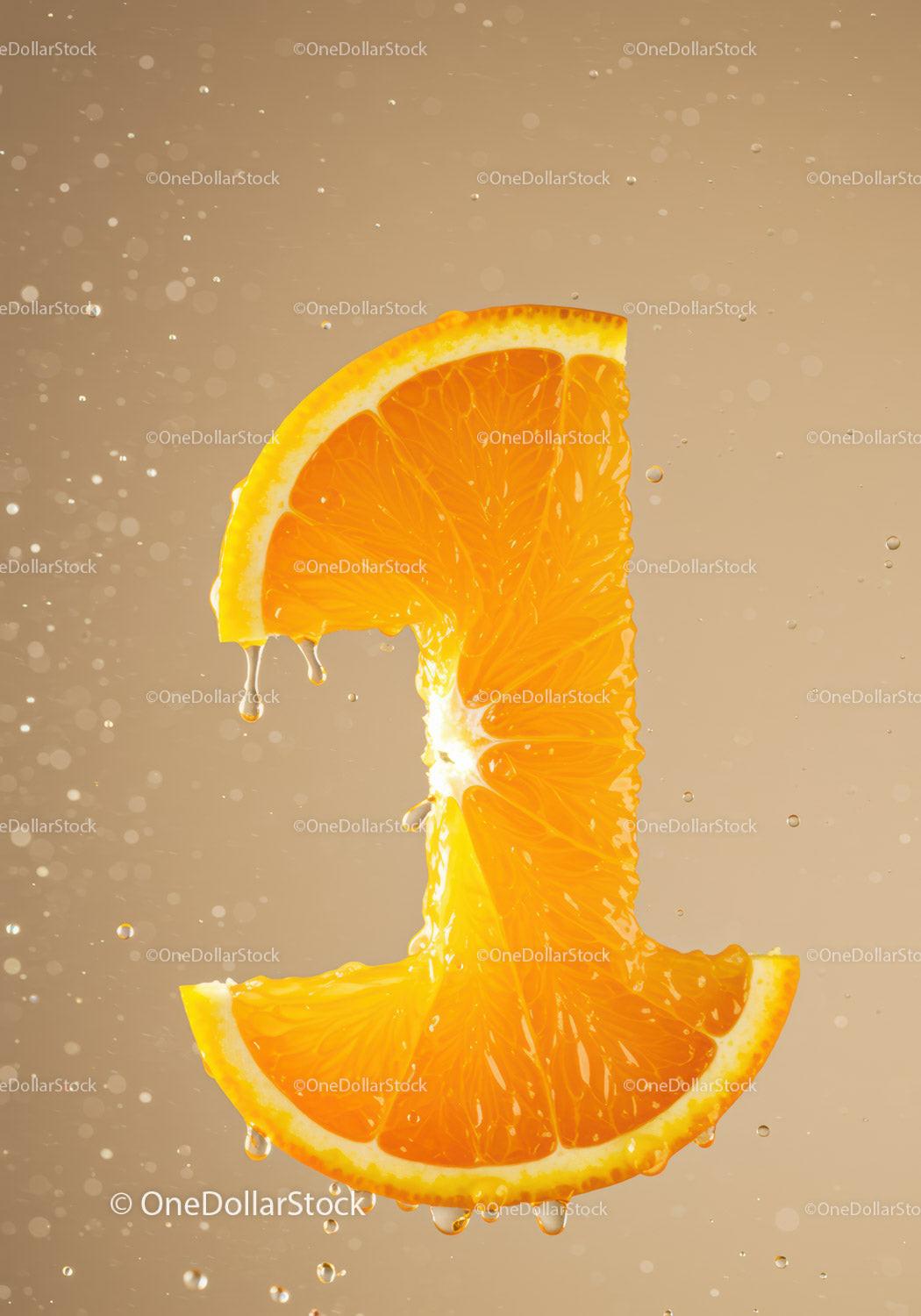 Fresh orange slice shaped as number one with drops