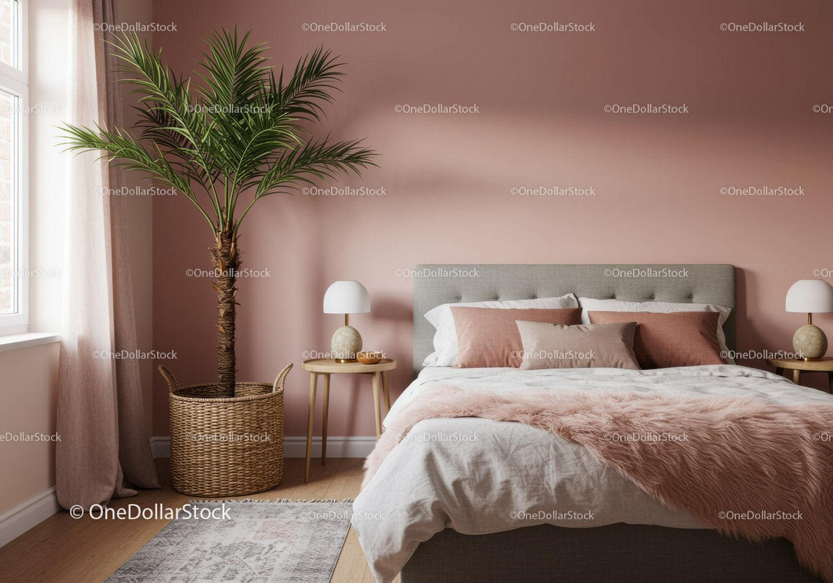 Stylish Bedroom with Pink Wall and Indoor Palm in Modern Interior
