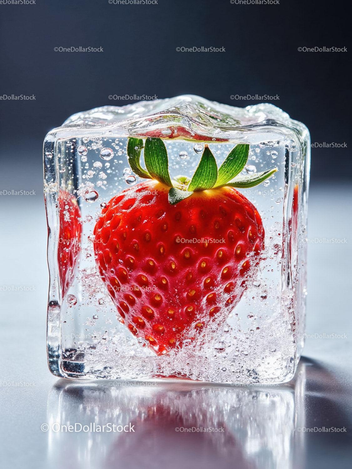 Fresh Strawberry Encased in a Clear Ice Cube