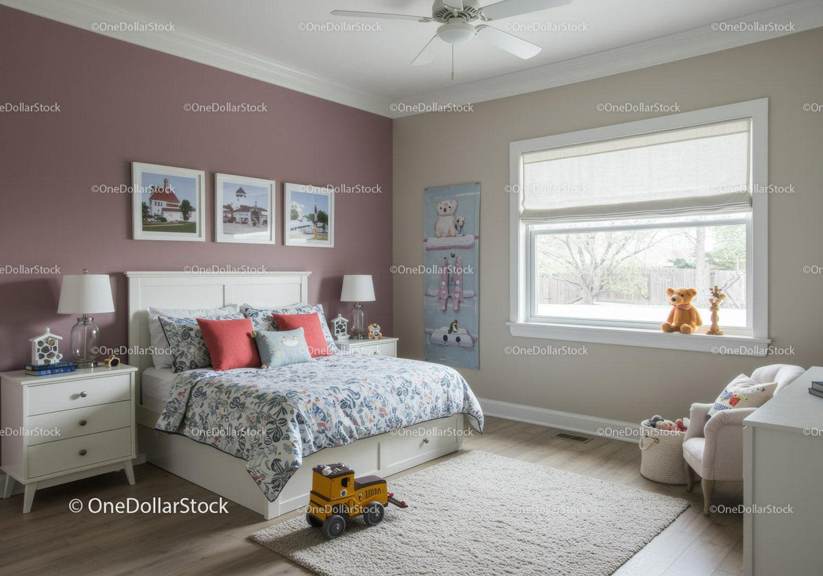 Bright Kids Bedroom With Floral Bedding and Plush Toys