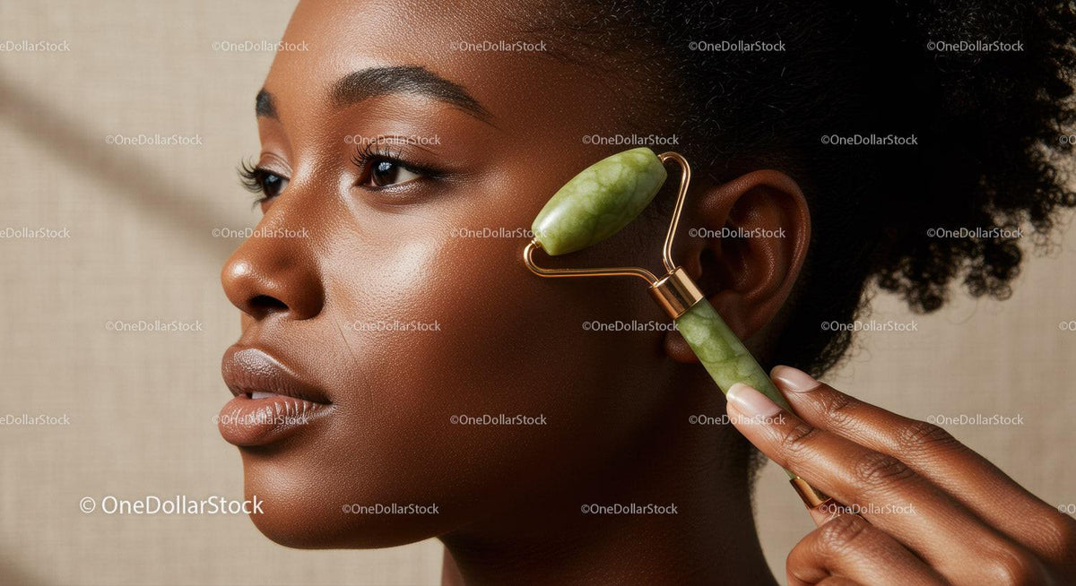 African American Woman Using Jade Roller for Facial Skin Rejuvenation