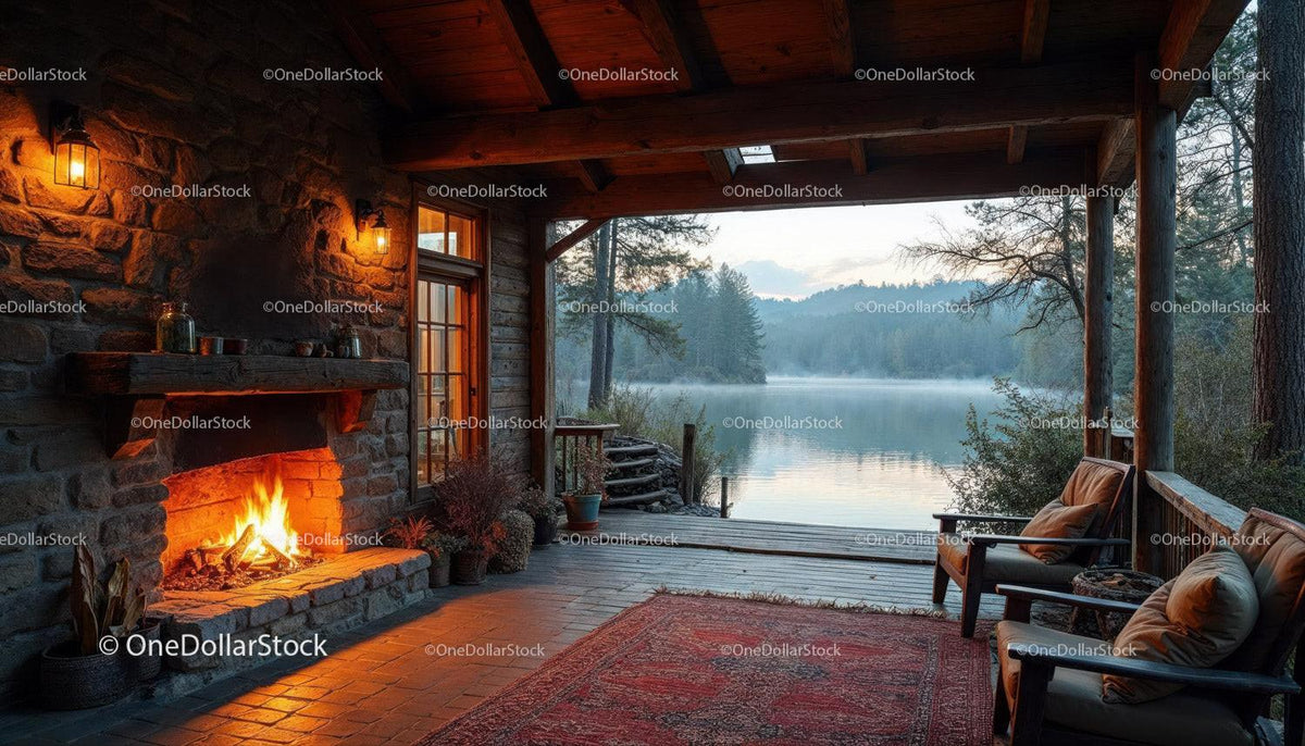 Cozy Lakeside Porch with Fireplace Overlooking Mountain Lake