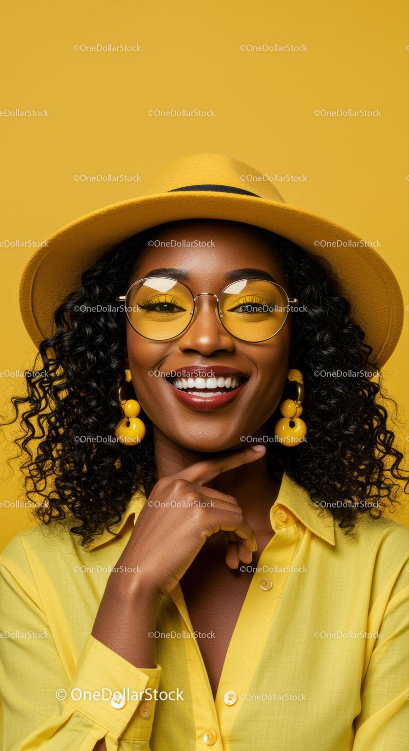 Colorful Fashion Portrait of Smiling Woman with Yellow Accessories