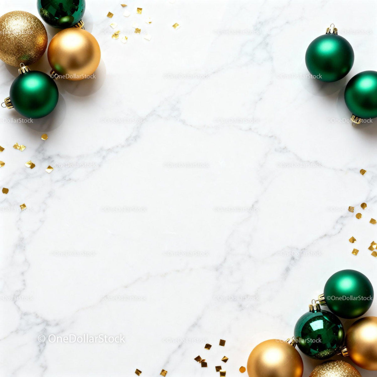 Green and Gold Christmas Ornaments on Marble Surface