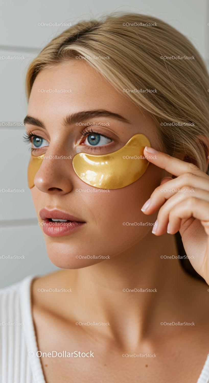 Woman with Blue Eyes Applying Gold Eye Patches for Skincare