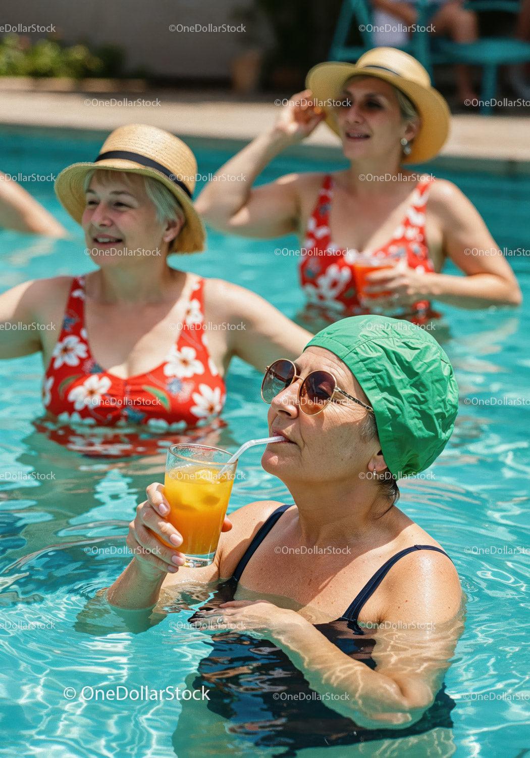 Elderly Women Relaxing and Drinking Refreshing Drinks in Pool Stock Photo Bundle preview 7