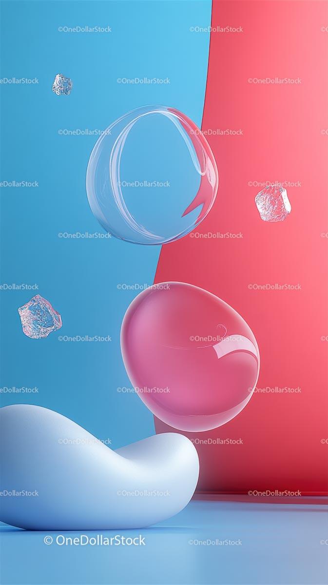 Abstract Glass Spheres with Smooth Surfaces in Blue and Pink Background