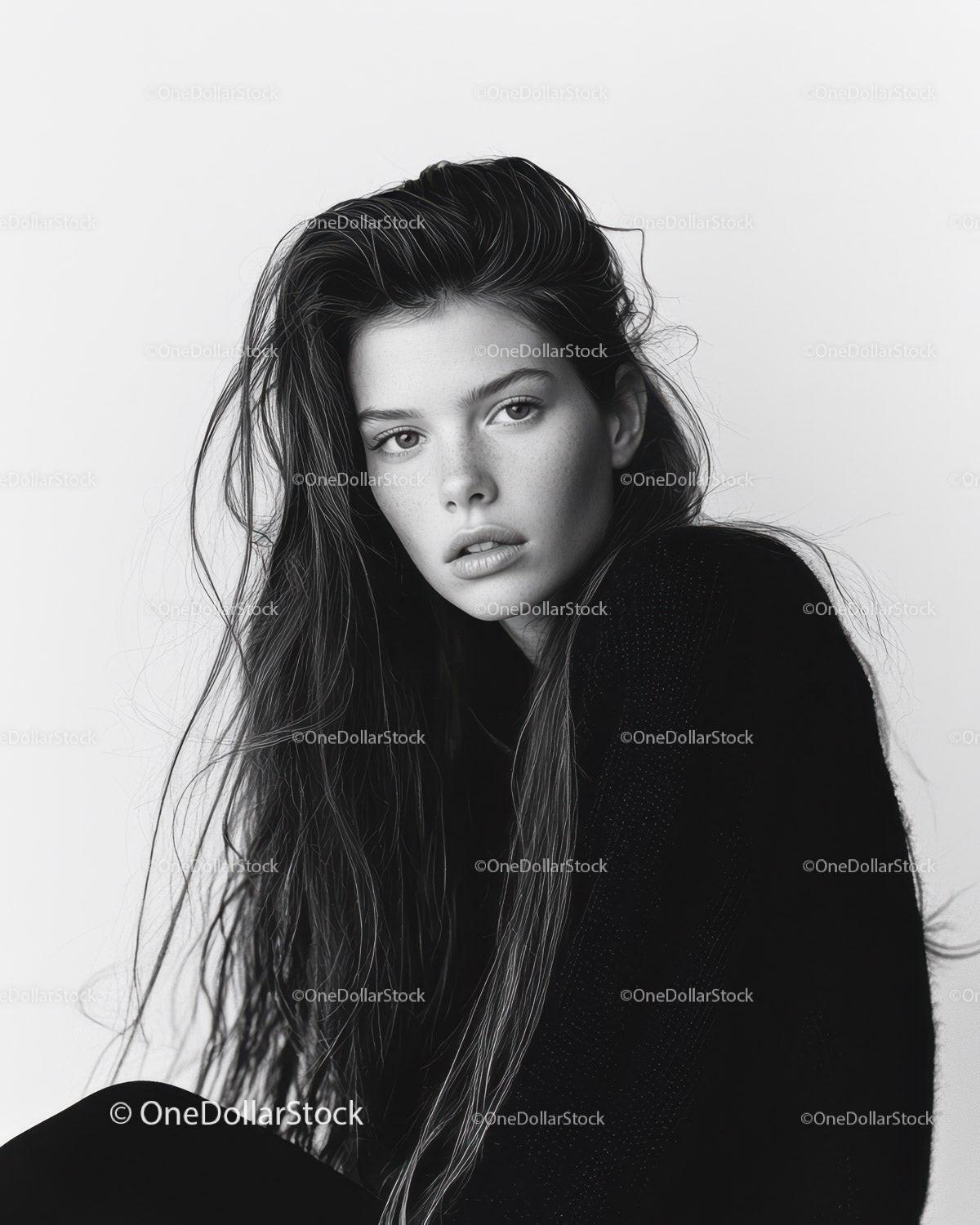 Striking Black and White Portrait of a Young Woman with Long Hair