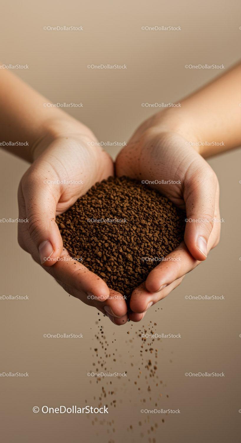 Hands gently holding and pouring instant coffee granules