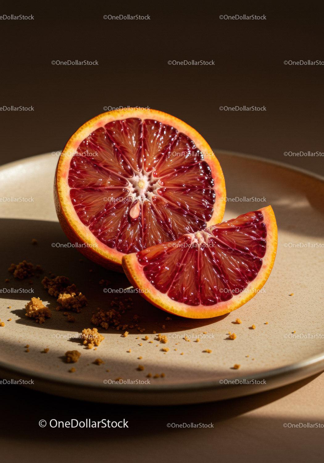 Freshly sliced blood orange on a beige plate