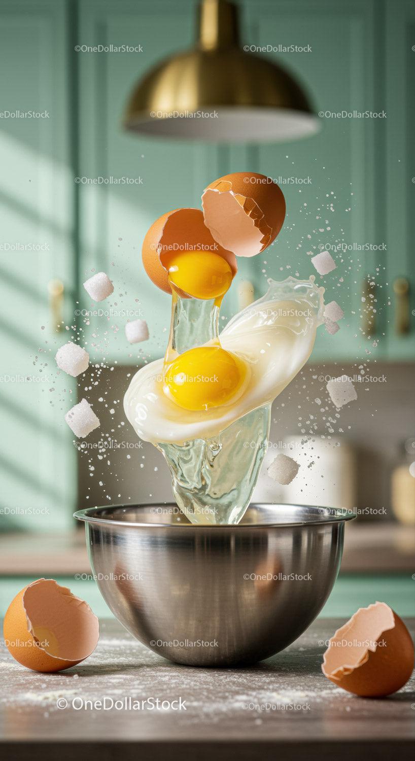 Fresh eggs cracking over metal mixing bowl in kitchen