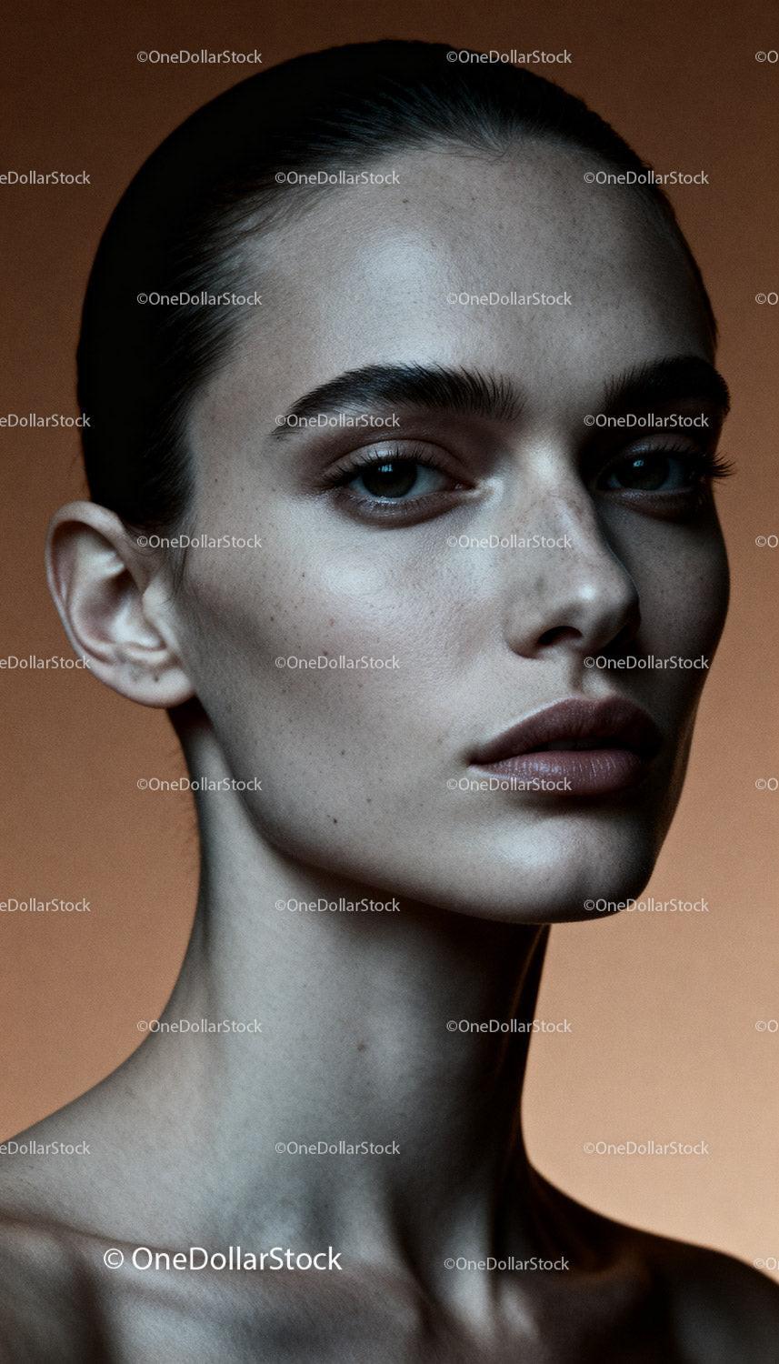 Portrait of a woman with flawless skin and strong features