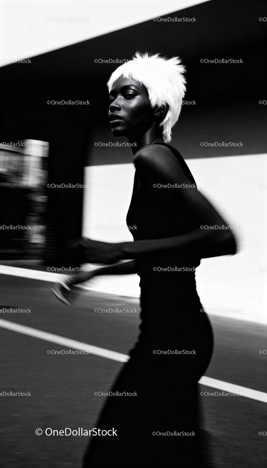 Portrait of woman with white hair in motion outdoors