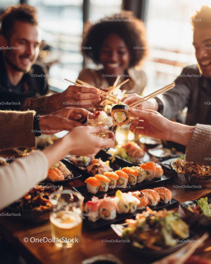Diverse group of friends enjoying colorful sushi in modern restaurant Stock Photo Bundle preview