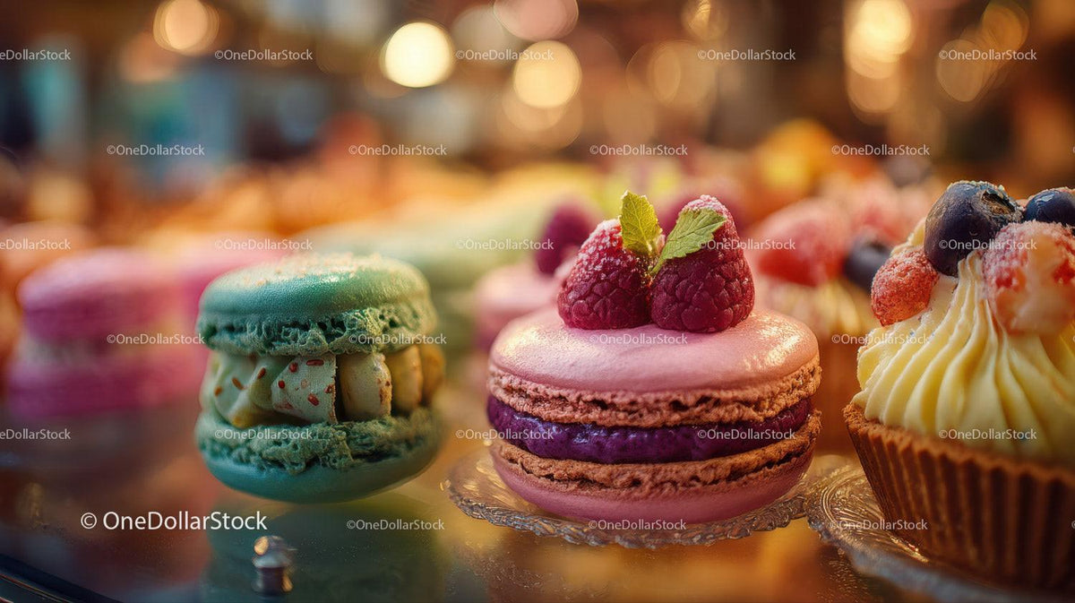 Assorted Colorful Macarons and Cupcake with Raspberry Topping
