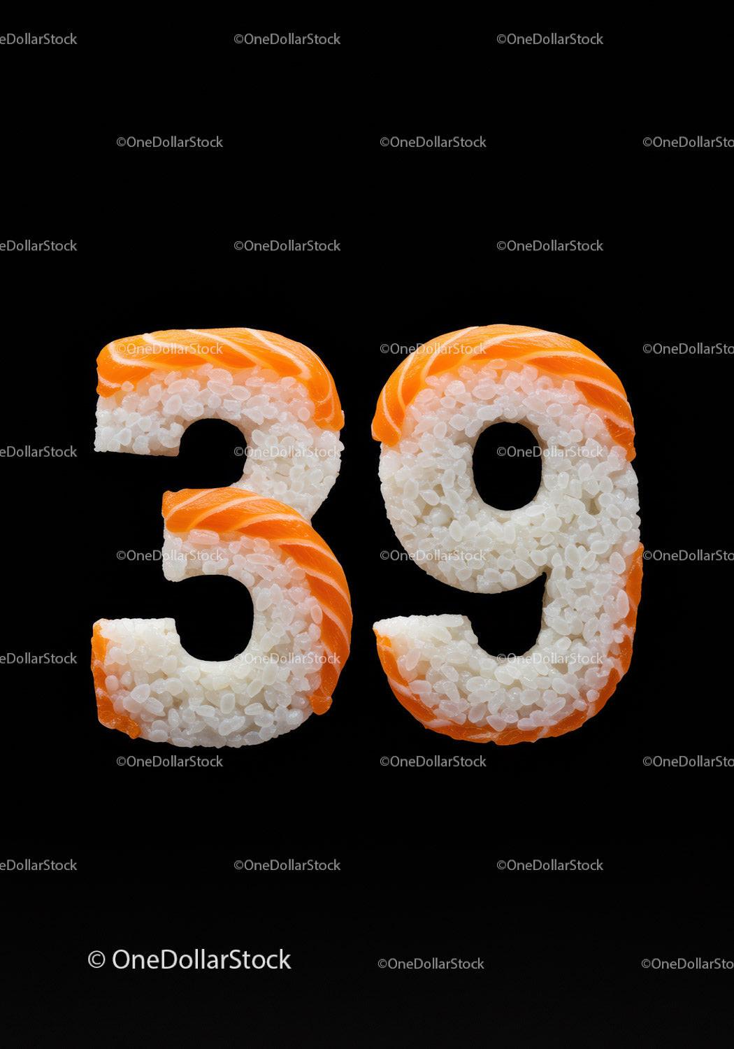 Creative sushi shaped like the number thirty nine