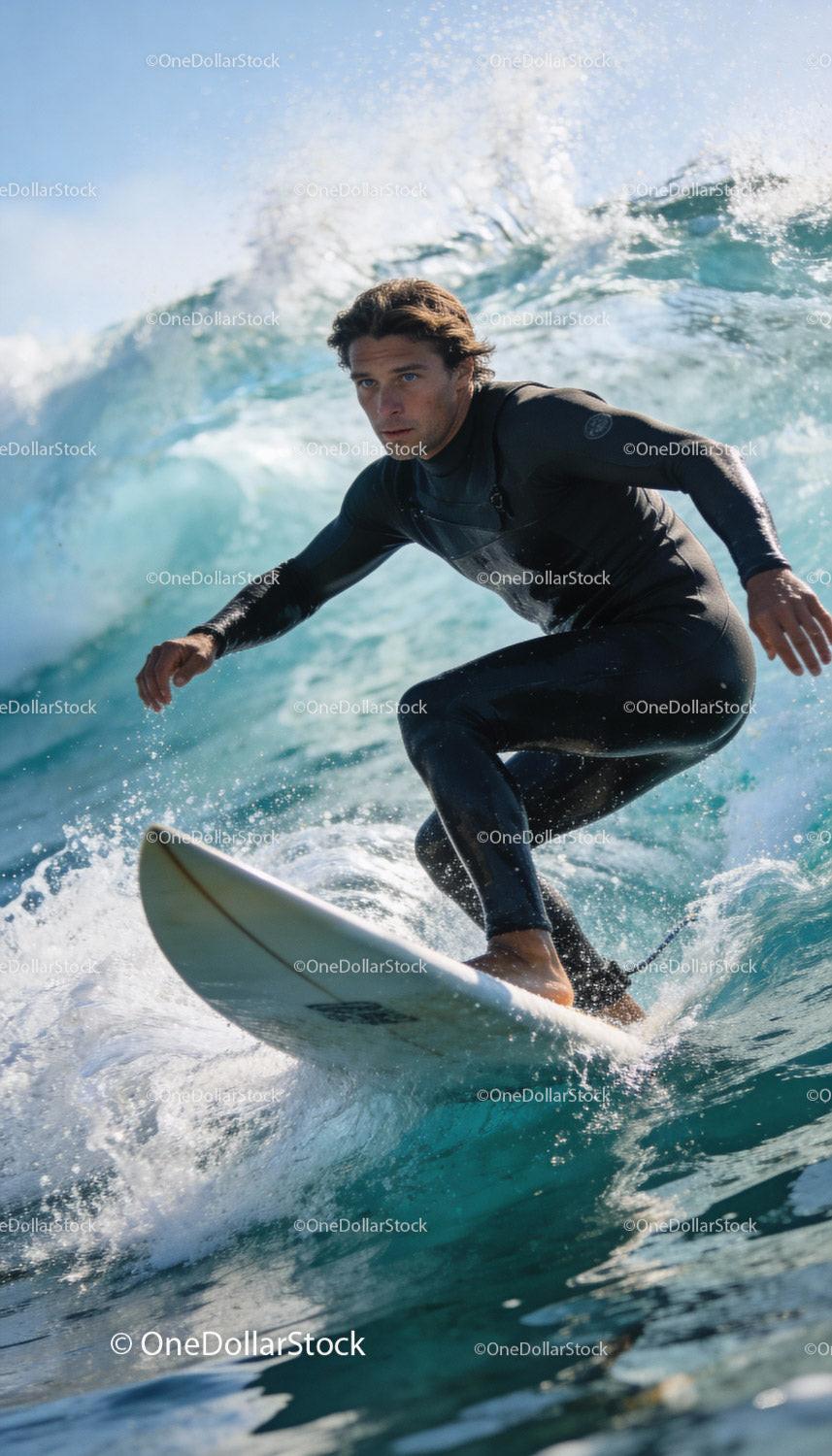 Focused surfer riding a powerful ocean wave