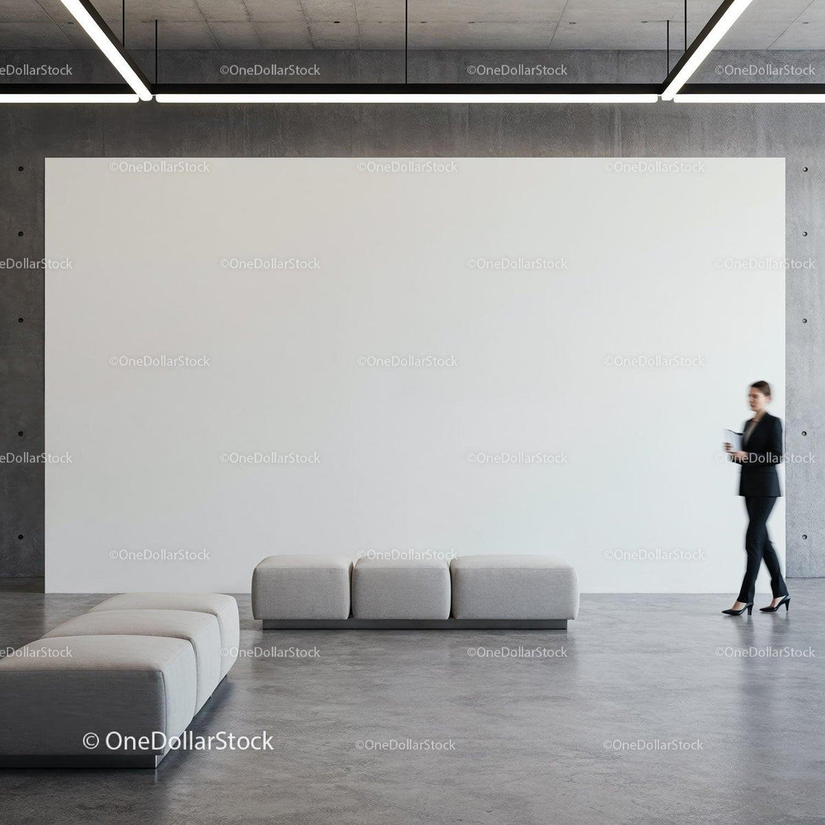 Modern lobby with minimalist seating and walking businesswoman JPG Mockup Image preview