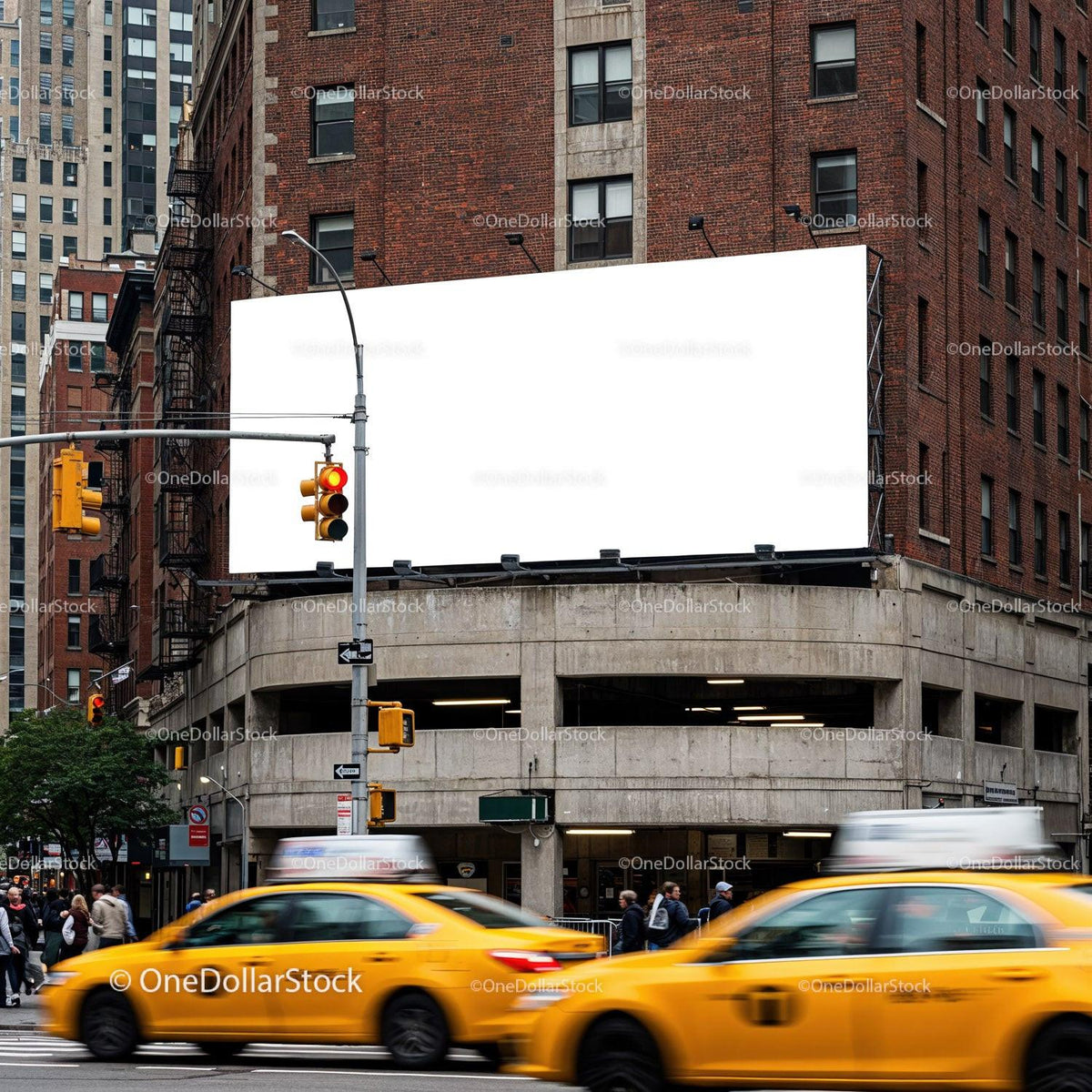 Busy urban street corner with yellow taxis and blank billboard JPG Mockup Image preview