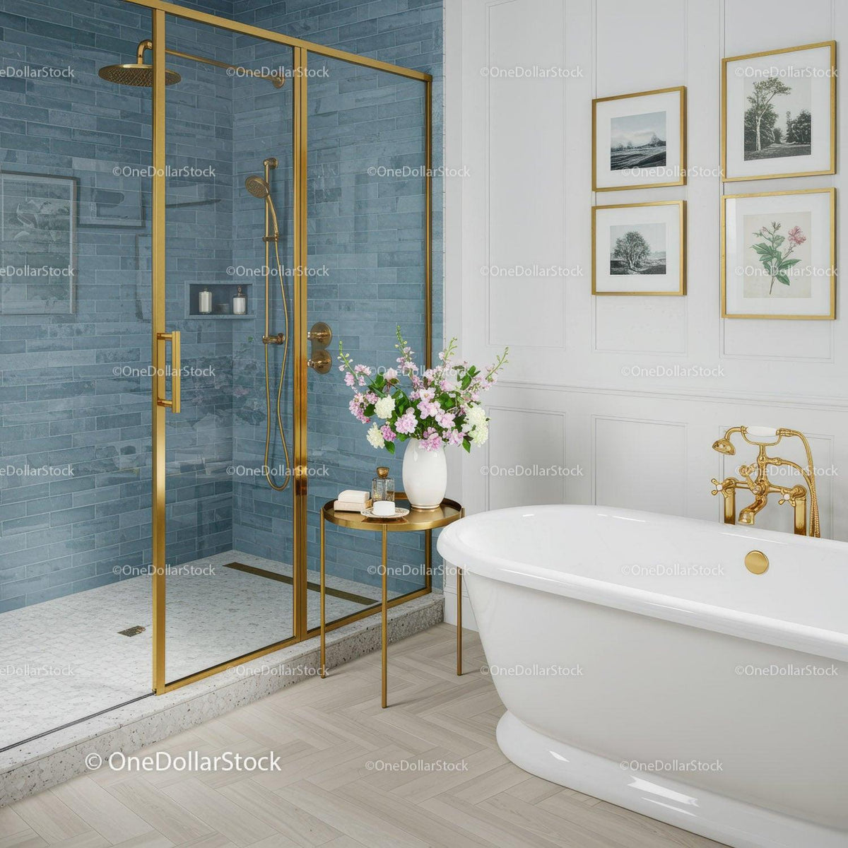 Elegant bathroom with freestanding bathtub and golden accents