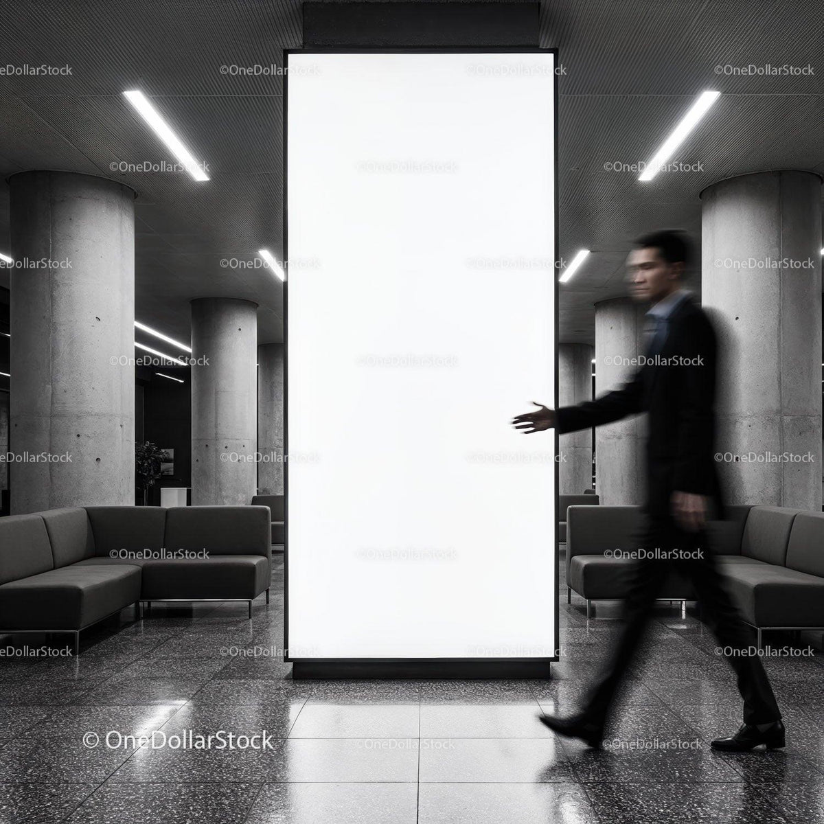 Blurred businessman walking past bright blank billboard indoors JPG Mockup Image preview