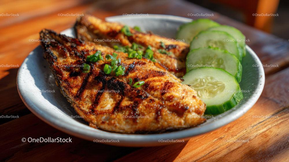 Grilled Fish with Cucumber Slices on Rustic Wooden Table Stock Photo Bundle preview 12