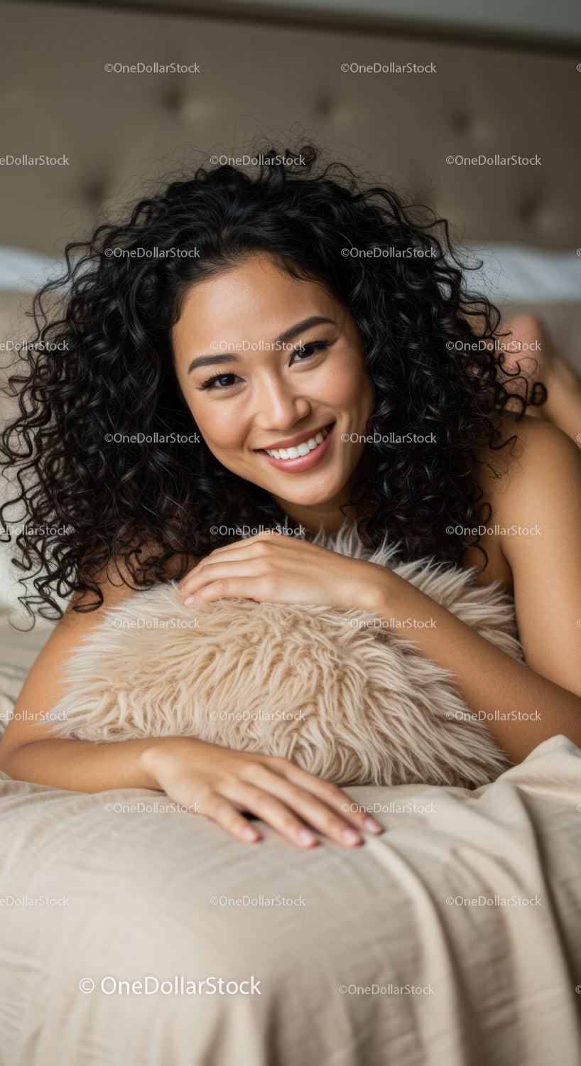 Joyful young woman relaxing on bed with cozy pillow