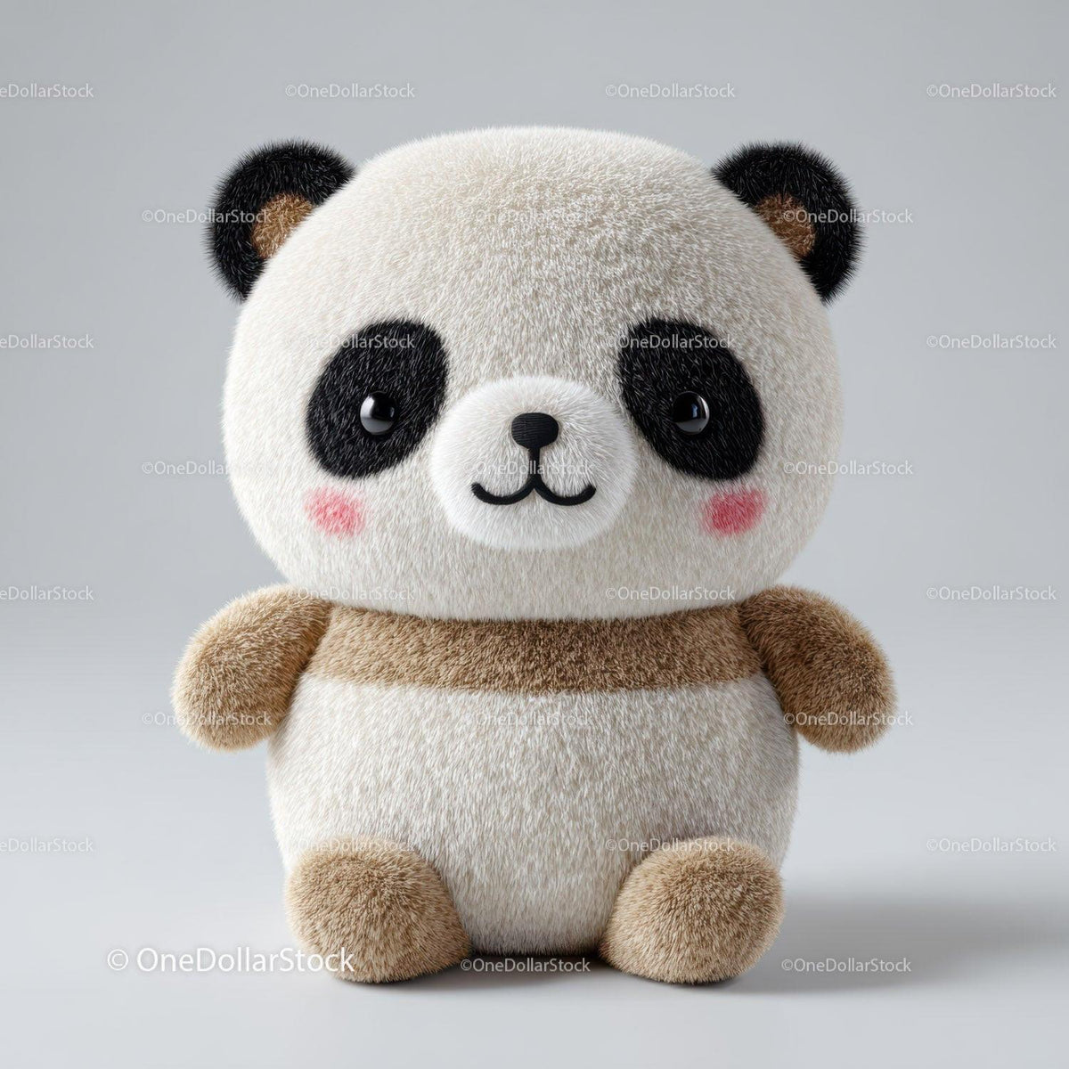 Fluffy plush panda teddy bear with black ears and brown limbs sitting on gray surface